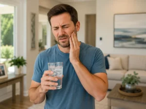 Man holding a glass of iced water and wincing from cold tooth sensitivity, hand to his cheek